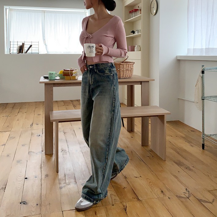 토마토팩토리 여성용 뮤린 빈티지 워싱 벌룬 와이드 데님 팬츠 기본