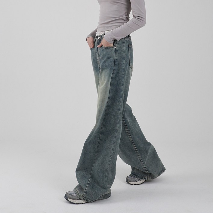 수비진 여성용 롱숏 기장 워시드 워싱 절개 와이드 청바지