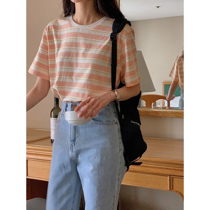 러브앤헤이트 캐주얼 스트라이프 면 코튼 라운드넥 반팔 티셔츠 4color