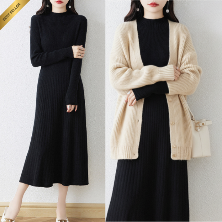 산들라 세미터틀넥 메리노울 니트 롱원피스 여성 겨울 플레어핏 하객룩 데일리룩