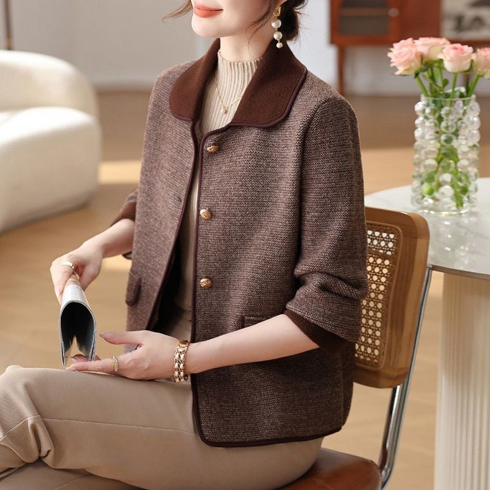 POMTOR 중년 여성 니트 카디건 코트 재킷