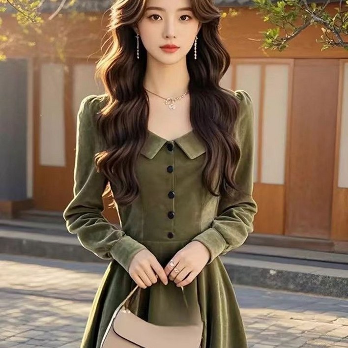 봄 신상 고급 터틀넥 벨벳 원피스 여성스러운 여자 하객룩 원피스 캐주얼 여성 긴팔 롱원피스 LCC