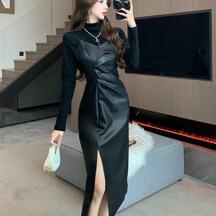 여성 원피스 세트 캐주얼 봄 가을 긴팔 티셔츠  트임 PU 가죽 나시 롱 원피스 투피스 세트 기질 레더 투피스 세트 WXY