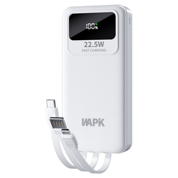 와피크 일체형 대용량 보조배터리 M1 20000mAh 고속충전 PD 22.5W QC 3.0 충전선 내장 기내반입 잔량표시, 화이트 와피크 일체형 대용량 보조배터리 M1 20000mAh 고속충전 PD 22.5W QC 3.0 충전선 내장 기내반입 잔량표시, 화이트