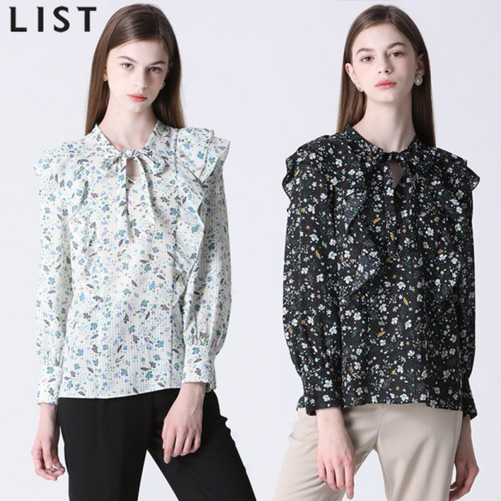리스트 리스트  플로럴 러플 리본넥 블라우스