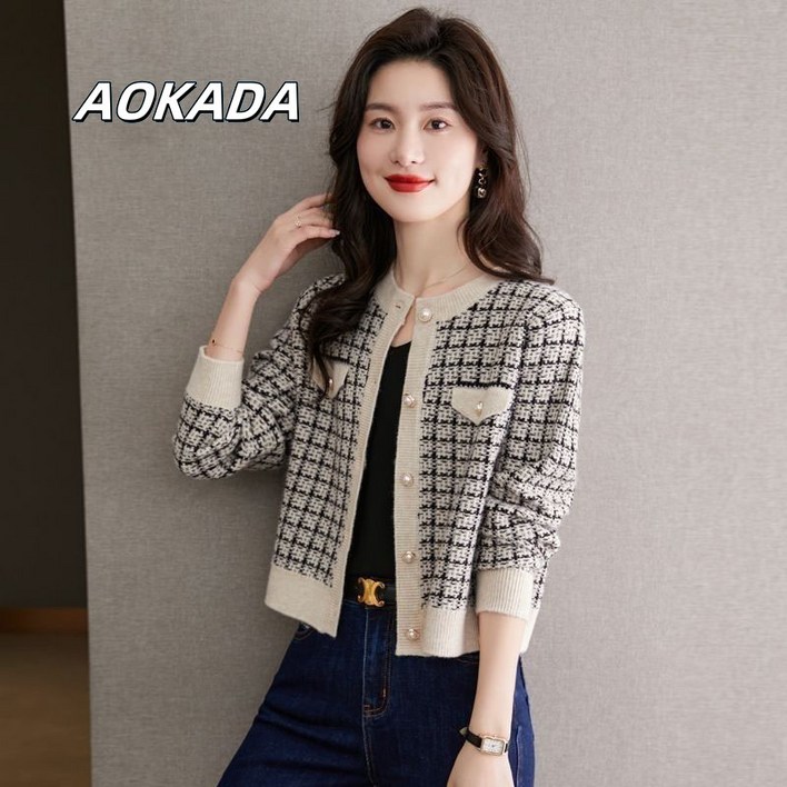 AOKADA   외투 여성 가디건 니트 스웨터 봄가을 외출용 짧은 상의 2색