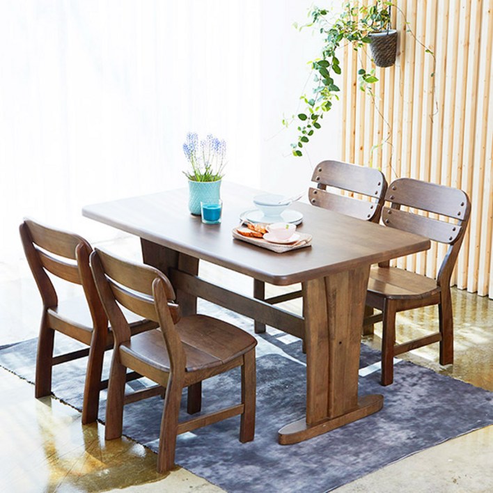 베스트리빙 오츠카 다빈치 1350 우드슬랩 고무나무 4인용 원목 식탁 테이블세트/식탁+의자4개 2colors, 월넛