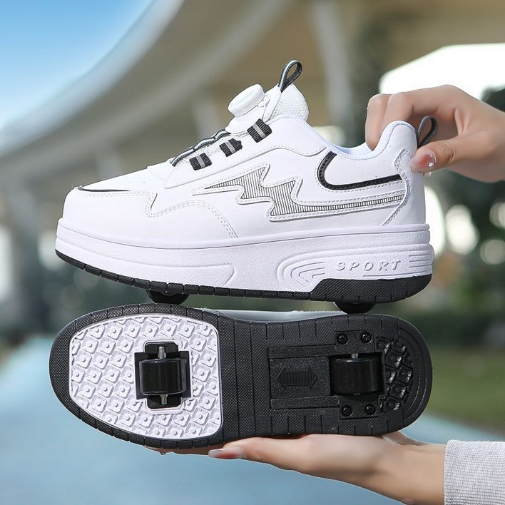 남녀공용 더블 휠 변형 탈착식 롤러슈즈 인라인 스케이트 운동화 간편한 성인 롤러스케이트, 1개, 흰색