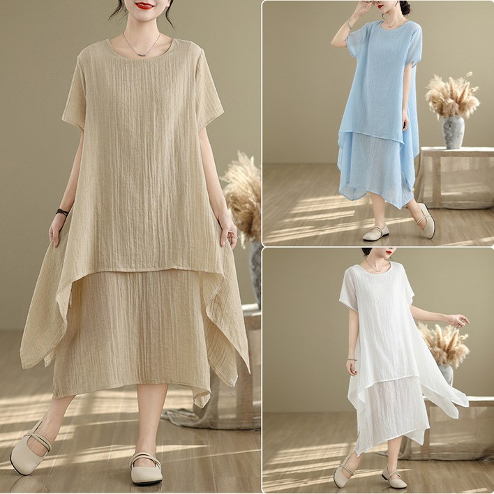 WEIHAN 여성 베이직 라운드넥 반팔원피스  루즈핏 언밸런스 롱원피스  데일리룩 스커트