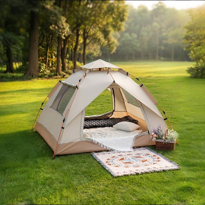 [프리파워] 원터치 자동 텐트 3초펼쳐 4면 개방형 UV400차단 고성능방수감성 휴대용 3-4인 캠핑 그늘막 한강 피크닉 추천선택, 3~4인용, 샌드베이지