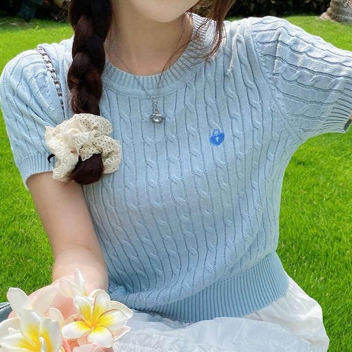 마이보조개 러블리 여성 케이블 반팔 니트