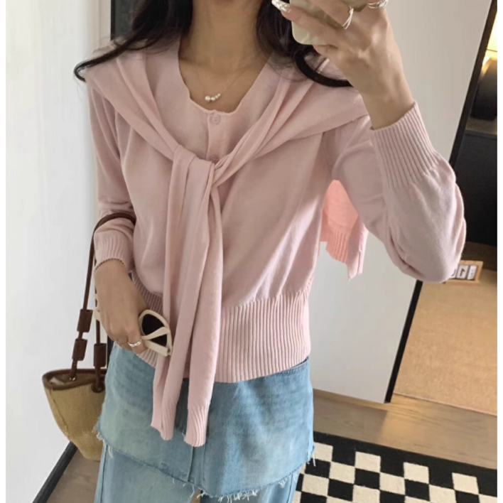 아누아비레 라운드 니트 가디건 레이어트 숄 세트