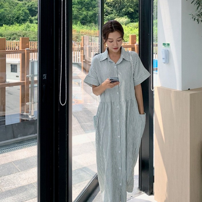 스트라이프 캐주얼 셔츠 롱 원피스 오버핏 WOP137
