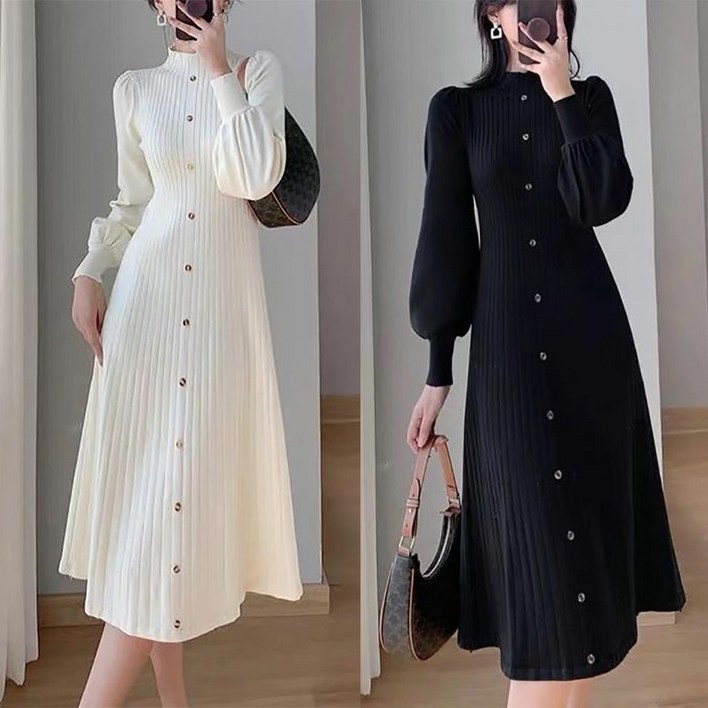 가을겨울 여성 니트 롱원피스 슬림핏 반목폴라 하객룩 골지 긴팔 원피스 데일리룩 a라인 고급스러운 롱치마