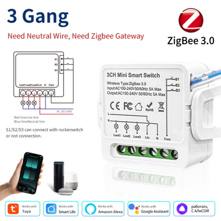 투야 지그비 차단기 433 WiFi 스마트 스위치 2Way 차단기 릴레이 모듈 220V 110V 16A 스마트 라이프 음성 제어 알렉사 구글 홈