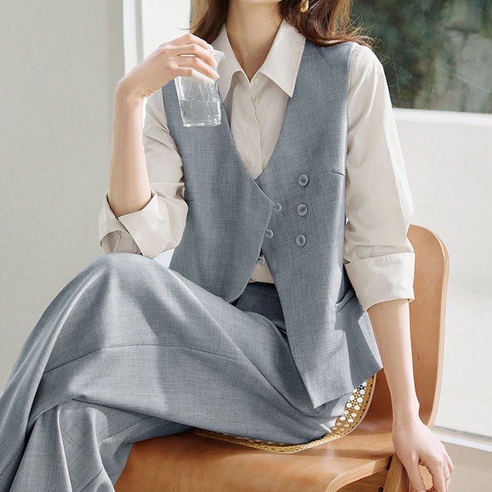 FANSYLI 여성 정장 조끼 세트 패션 심플 민소매 재킷하이웨이스트 와이드 팬츠 투피스 결혼식 하객룩 오피스룩 X2508A4