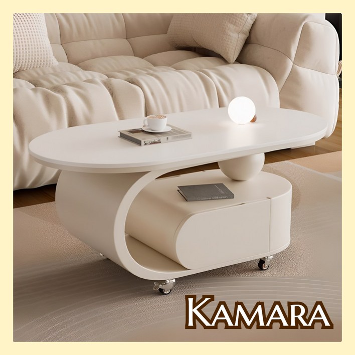 카마라 인테리어 거실 테이블 북유럽 이동식 낮은 서랍 탁자 디자인 타원형 좌식, 흰색 130