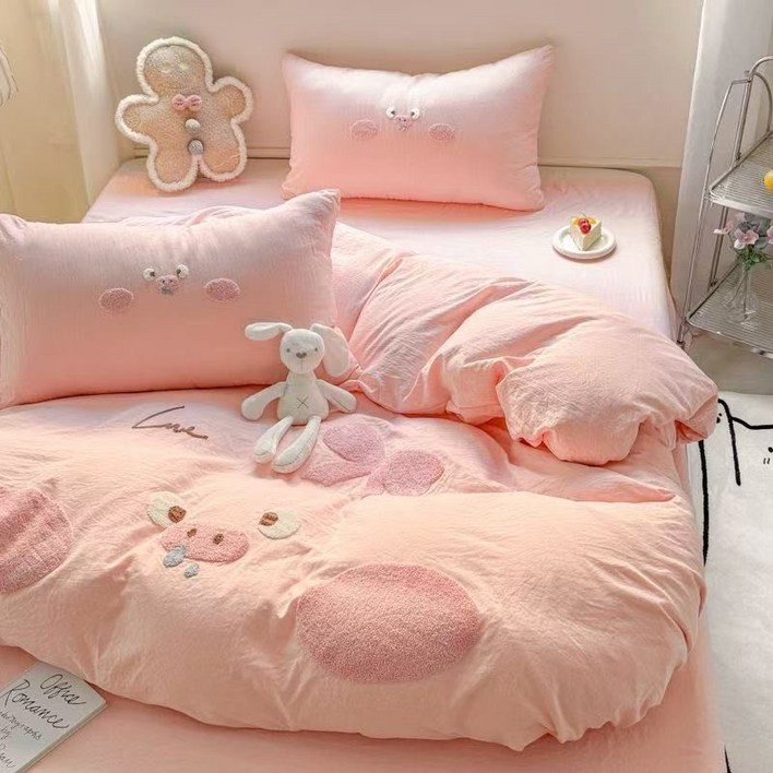 uniquezon 귀여운 돼지 이불커버 4종 세트 사계절 순면 향군 워싱 침대 세트