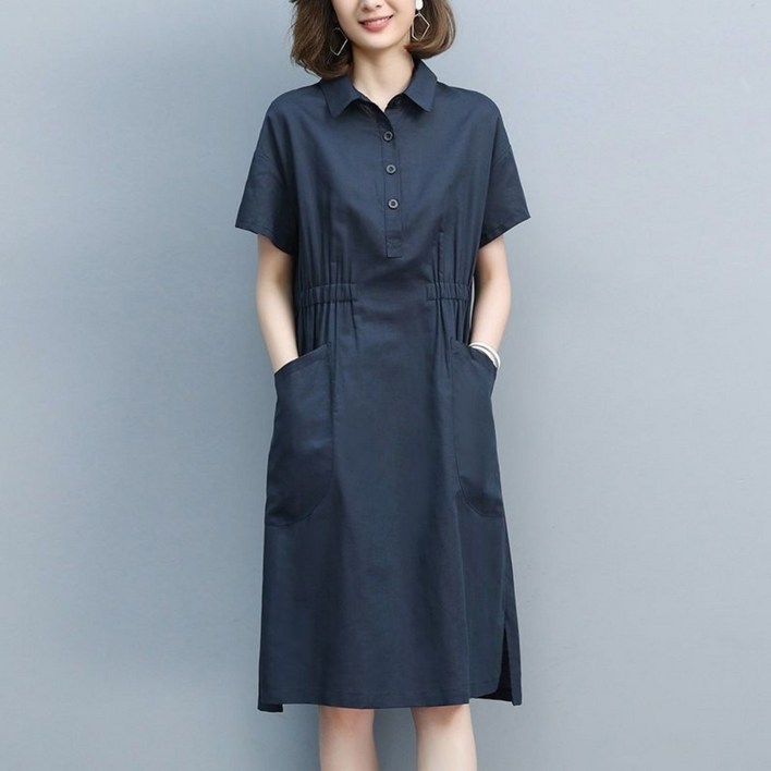 여성 편안한 반팔 미디 원피스 루즈핏 중년 엄마 베이직 투 포켓 셔츠 원피스 여름