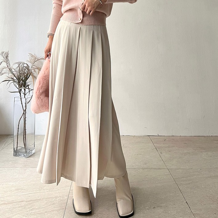 네모엔룩 롱핀턱플리츠 여성용 허리핀턱 주름A라인 벨트세트 롱 스커트. 스커트벨트 총 2종