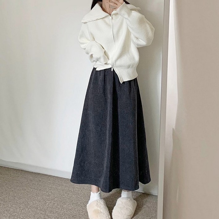 어나더뷰 2350 5컬러 모먼트 코듀로이 밍크 플레어 롱 스커트 밴딩 A라인 스판 골지 퍼 기모 융털 벨벳 골덴 겨울 치마