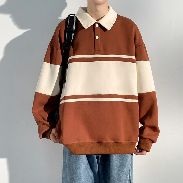 ANYOU 남성 긴팔 티셔츠 스트라이프 카라 티셔츠 캐주얼 비즈니스 캐주얼 셔츠