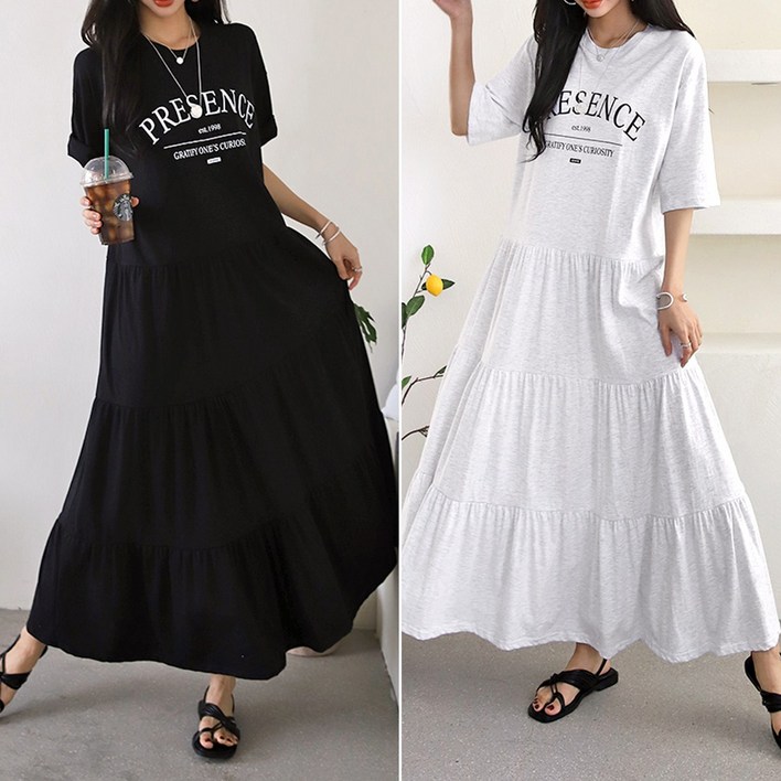 러브포텐 여성 캉캉 롱원피스 루즈핏 반팔 롱원피스 러블리 캉캉 원피스 여름 면 반팔원피스