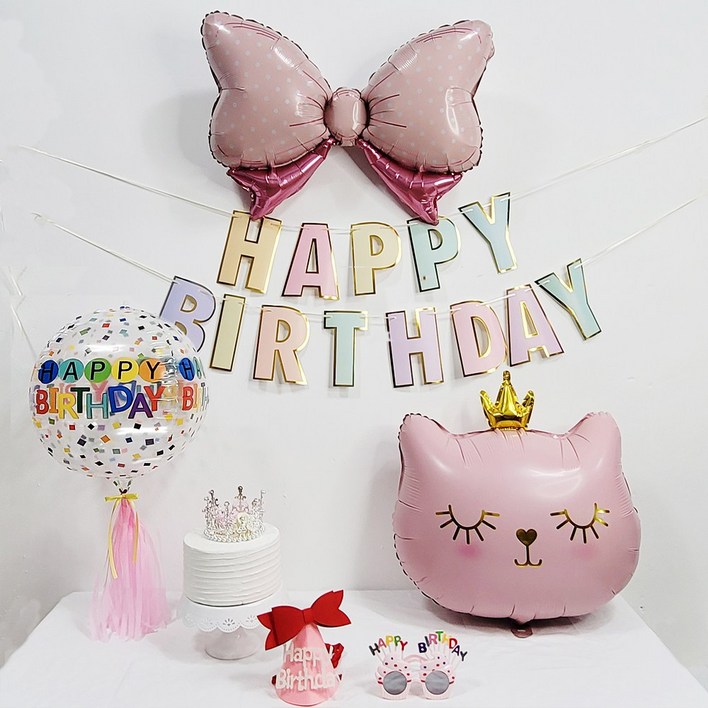 올리브파티 고양이 리본 풍선 옹브레 생일 파티 용품 가랜드 생일 모자 생일 안경 세트, 혼합색상