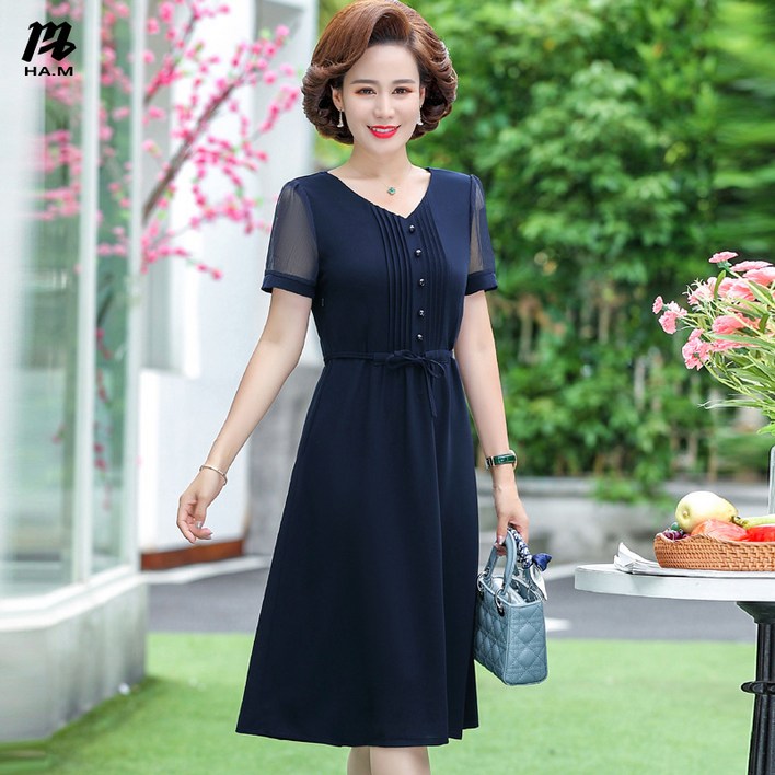 HAM 여름 롱 원피스 V넥 반팔 루즈핏 A라인 바캉스 휴양지 빅사이즈 여름 시원한 쉬폰 원피스