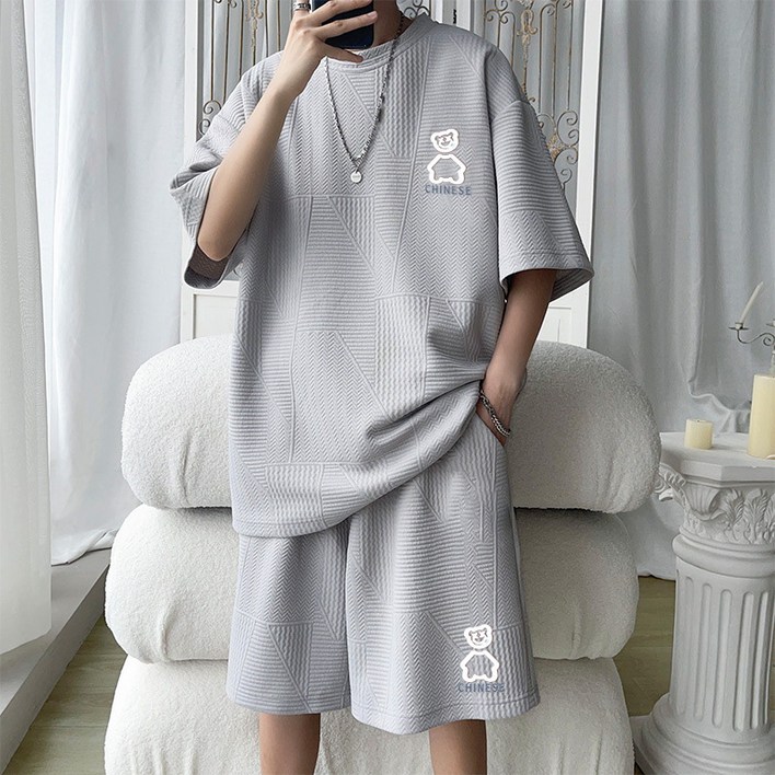 NEW 여름 남자 루즈핏 트레이닝복 세트 데일리 캐주얼 반팔 반바지 세트 남성투피스 와플 츄리닝세트 빅사이즈 운동복세트 상하세트