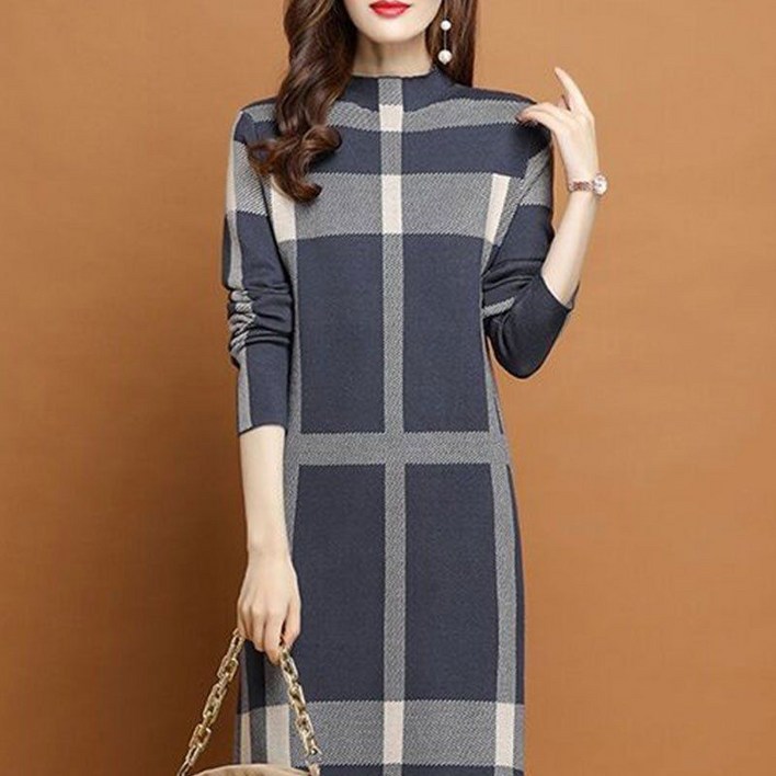 2025 여성 새로운 격자 무늬 캐시미어 원피스 중간 길이 두꺼운 니트 스웨터