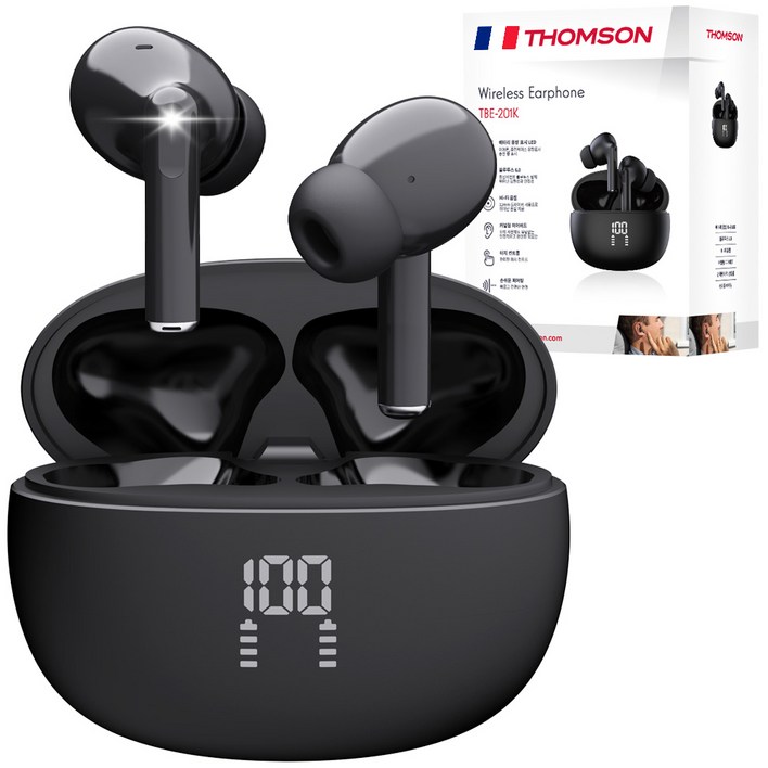 프랑스 톰슨 ENC 노이즈 캔슬링 LED 블루투스 6.0 이어폰 무선 방수, 블랙 TBE201K