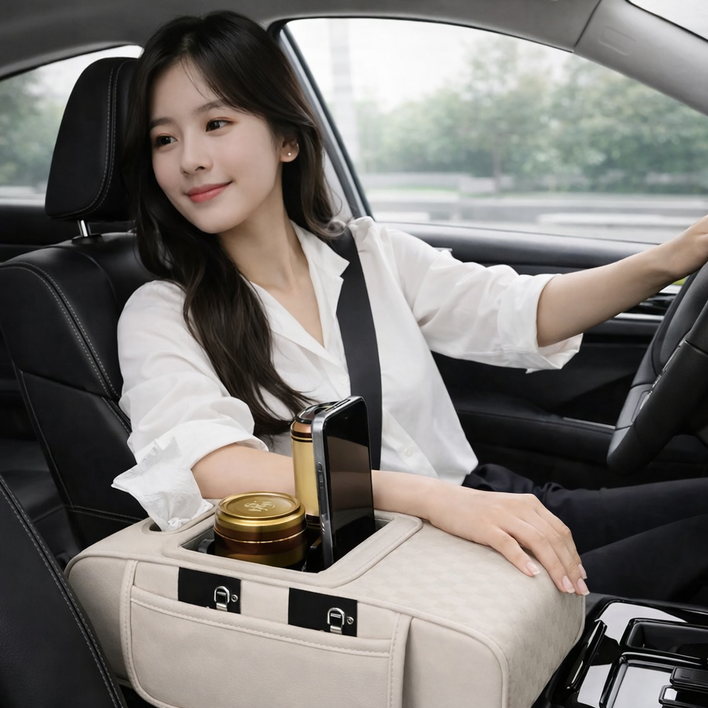 Mayho 차량용 팔걸이 쿠션 편안한 팔받침대 콘솔박스 대용량 수납 자동차컵홀더 다용도, 1개, 아이보리