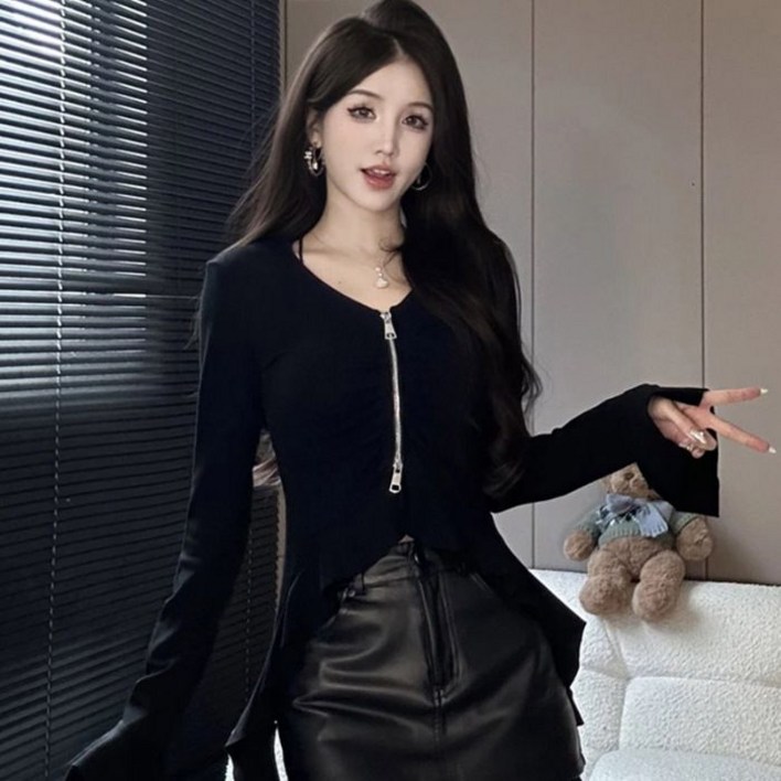 여성라운드티셔츠 더블 지퍼긴팔 티셔츠 슬림핏 언밸런스 상의 B21Z3 여성 가을S 모두1