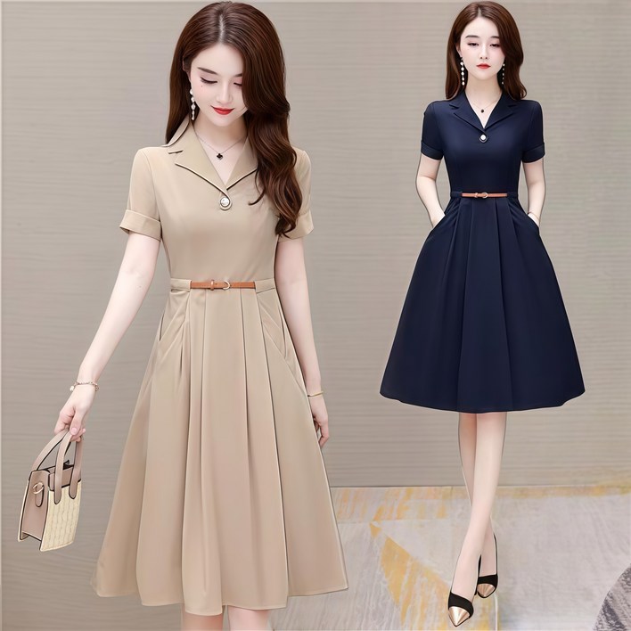 (25년 신상) 날씬해보이는 여성 단아한 우아한 카라 허리꼬임 버튼 반팔 원피스 여름 편한 주머니있는 플리츠 고급스러운 모던 이쁜 슬림핏 외출용 출근룩 솔리드 심플 매력 원피스