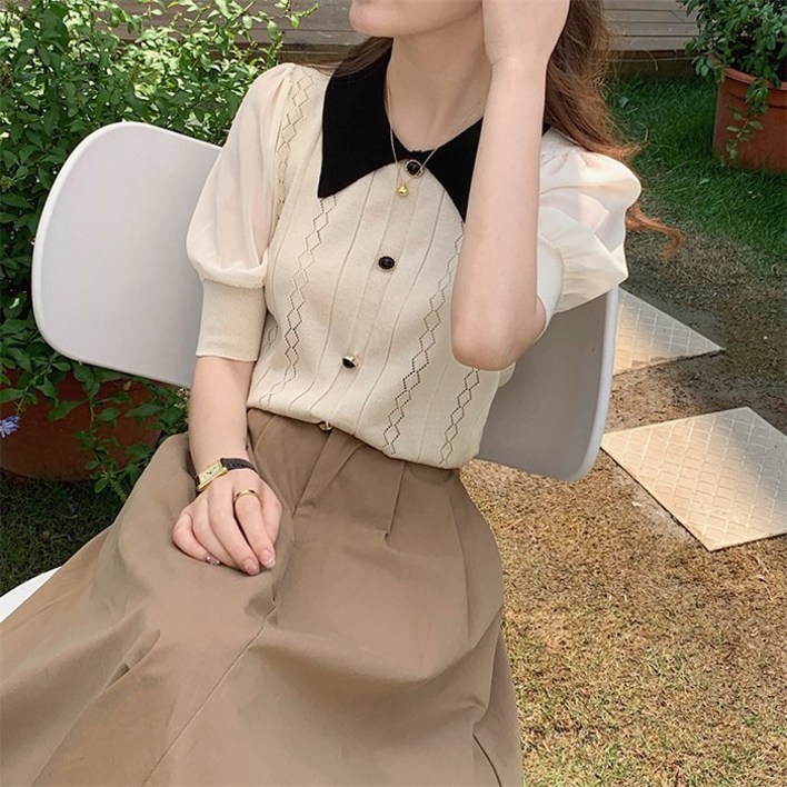 주디앤 여성 피아블레 퍼프 소매 카라 반팔 니트 티