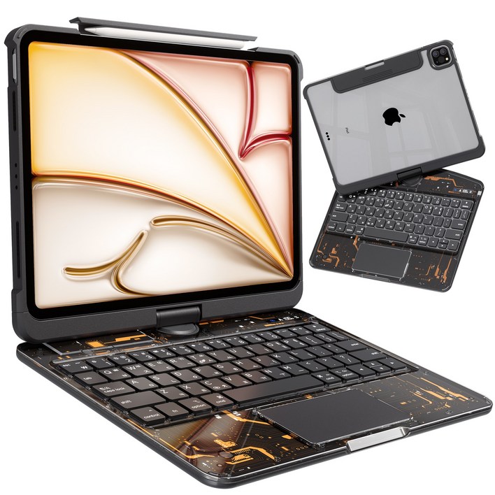 AITEWO 아이패드 매직키보드 케이스 펜슬 수납 360도회전 일체형 각도조절 투명 백라이트 터치패드 에어7654321세대 프로1110.91312.9인치, 아이패드 프로 7세대 M4 13인치, 투명 블랙