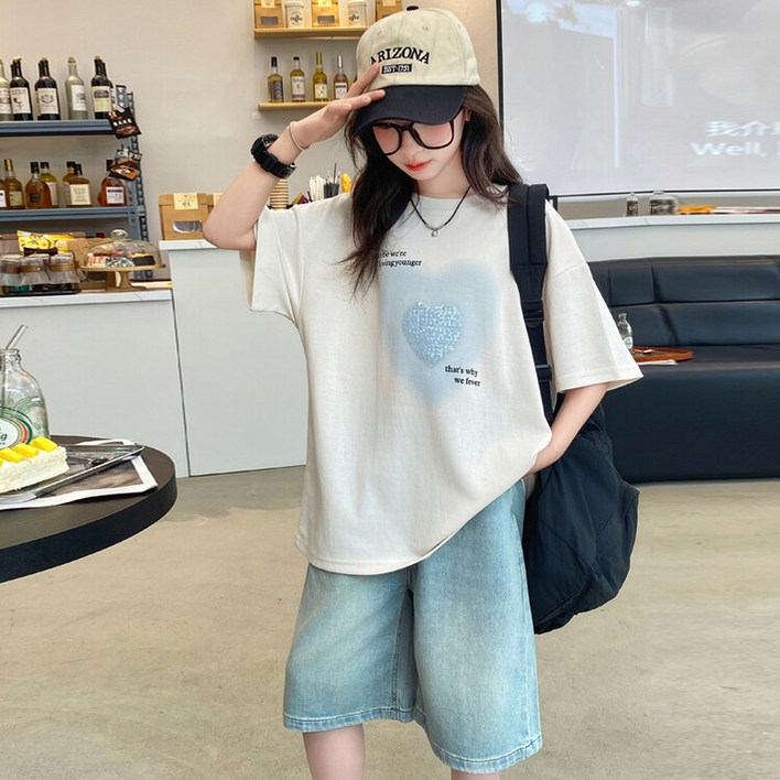 여아 여름 신상 상하 세트 초중생 반팔티 주니어 반바지 러블리 캐쥬얼 루즈핏 청바지 상하복 세트