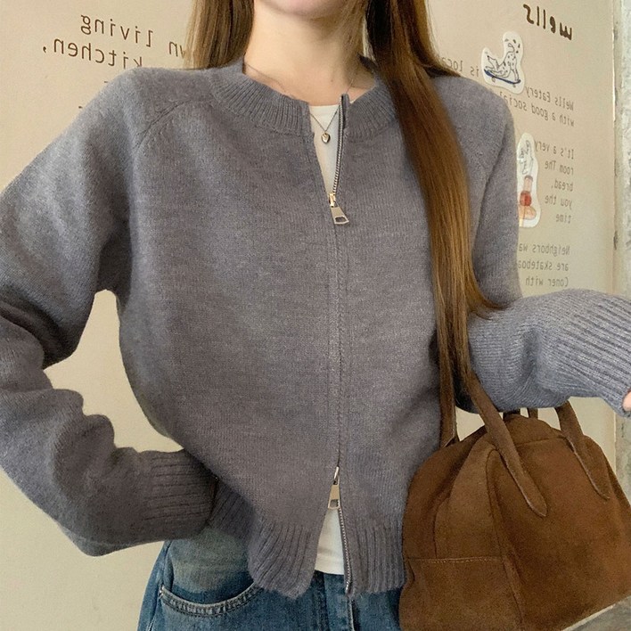 라운드넥 지퍼 니트코트 아우터 캐주얼 무지 루즈핏 니트 가디건 H45128