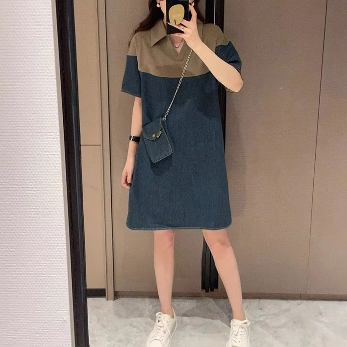 ORZQU 데님 패치 원피스 여 여름 빅사이즈 루즈핏 일자 원피스