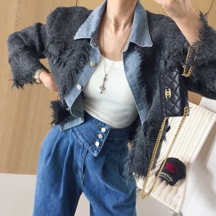 아이미마인 체스트 카라 데님 레이어드 루즈핏 가을 니트 청자켓 2color