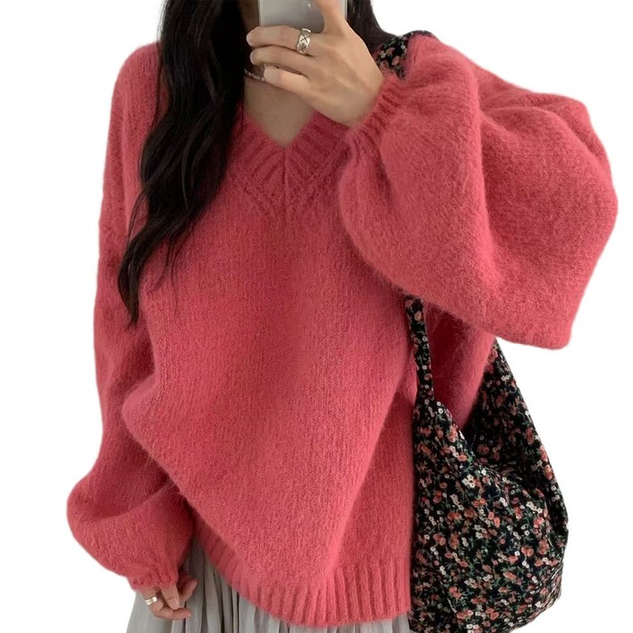지니우우 J0243A 소매 벌룬 V넥 데일리 니트