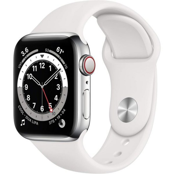 Apple Watch 시리즈 6GPS  셀룰러, 40mm  흰색 스포츠 밴드가 있는 실버 스테인리스 스틸 케이스갱신