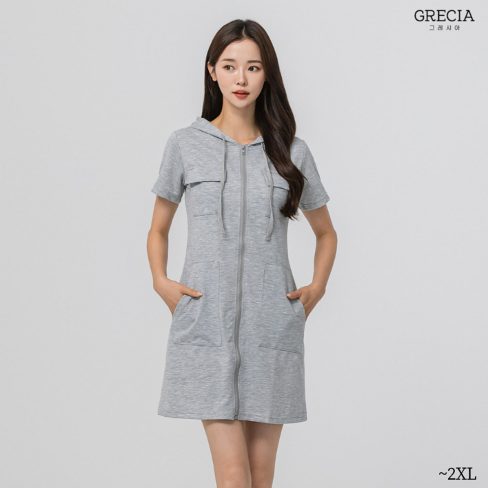 그레시아 여성 여름 빅사이즈 반팔 후드 집업 원피스