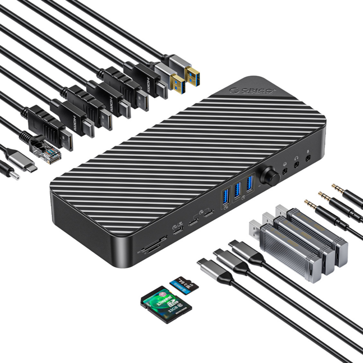 오리코 22in1 DisplayLink 8K 60Hz DP HDMI USB3.2 Gen2 볼륨 조절 네트워크 도킹스테이션 DKA22, 블랙, 1개