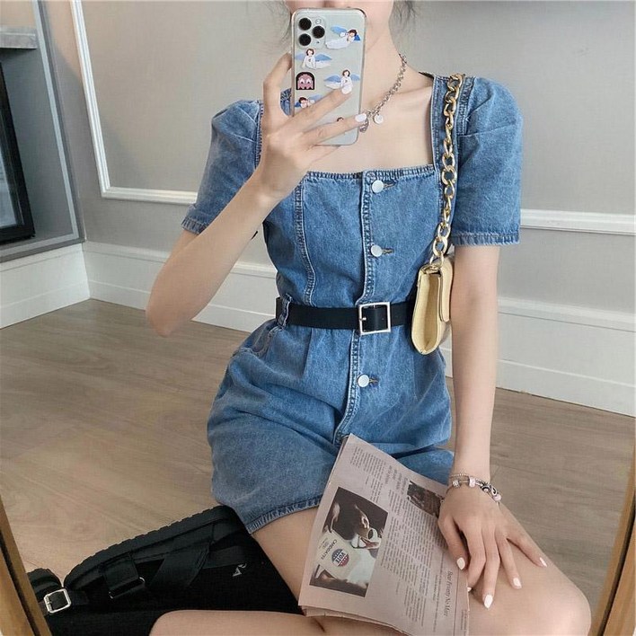 여성 반팔 데님 원피스 캐주얼 봄 여름 하이웨이스트 a라인 스퀘어넥 스커트 기질 퍼프 소매 청치마 ZZL