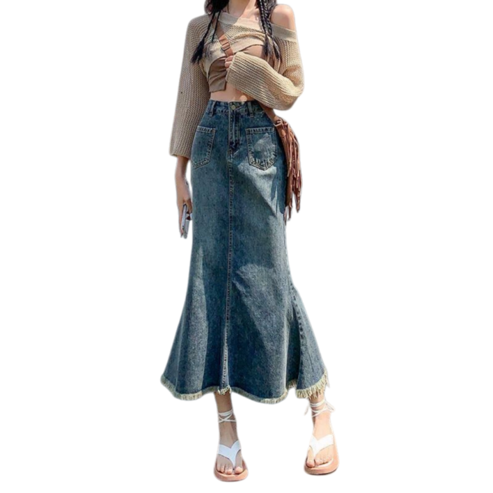 Makone 여성 봄 가을 겨울 데님 수술 머메이드 롱 스커트