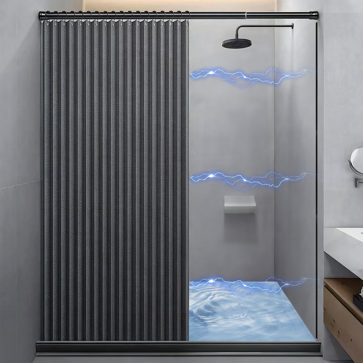 RUN Home 욕실 방수 샤워커튼 무타공 벽면자석 패브릭  커튼봉  하단방수바 세트, 그레이, 1세트