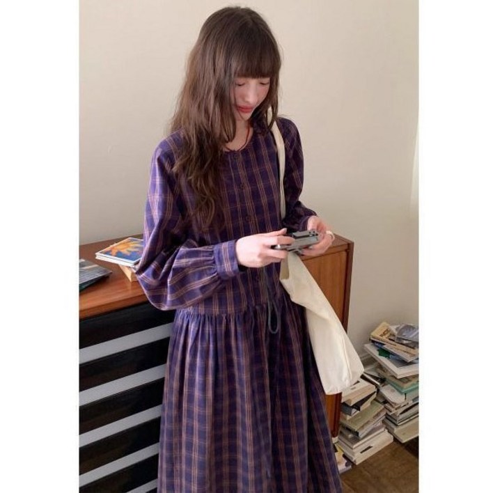 여성 프리미엄 긴팔 원피스 봄 가을 루즈핏 A라인 체크 치마 춘추 여자 캐주얼 라운드넥 롱 원피스 YHY