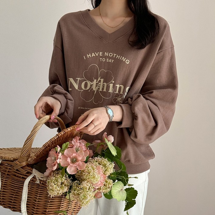 데일리앤 하르딘 여성 데일리 루즈핏 무지 브이넥 맨투맨 티셔츠 봄 가을